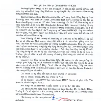 Thư mời tham dự và tài trợ, hỗ trợ cho Lễ Kỷ niệm 110 năm đào tạo Dược (1914-2014)